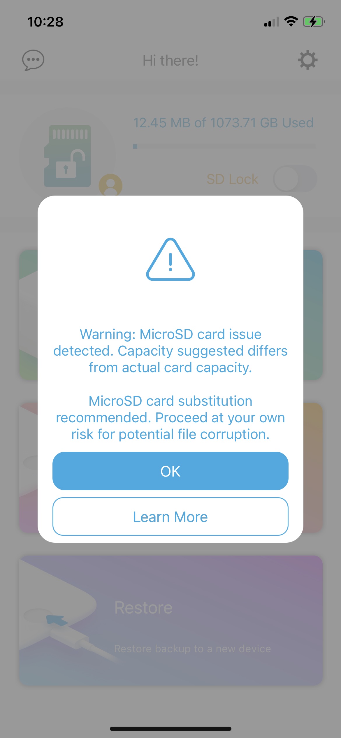 Qubii Error Message: Capacity suggested differs from actual card